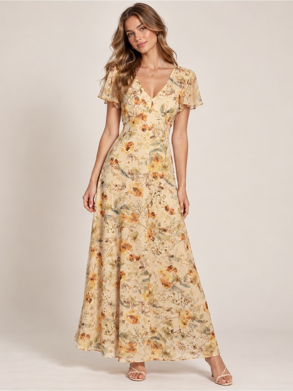 By the River Anthropologie Floral Maxi Dress Flutter Sleeve Romantic Boho Y2K